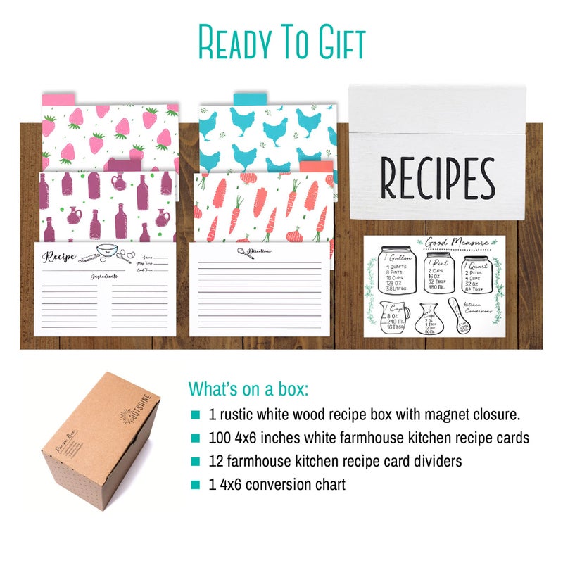 OUTSHINE White Wooden Large Recipe Box with Cards and Dividers | Farmhouse Wood Recipe Box 4x6 Recipe Cards and Box Set | Recipe Box Dividers|White recipe box personalized| Recipe box set - Image 3